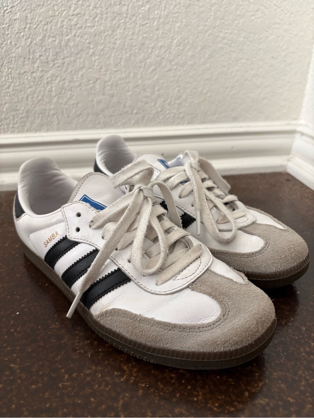 adidas White Leather Sneakers with Black Stripes and Gray Suede